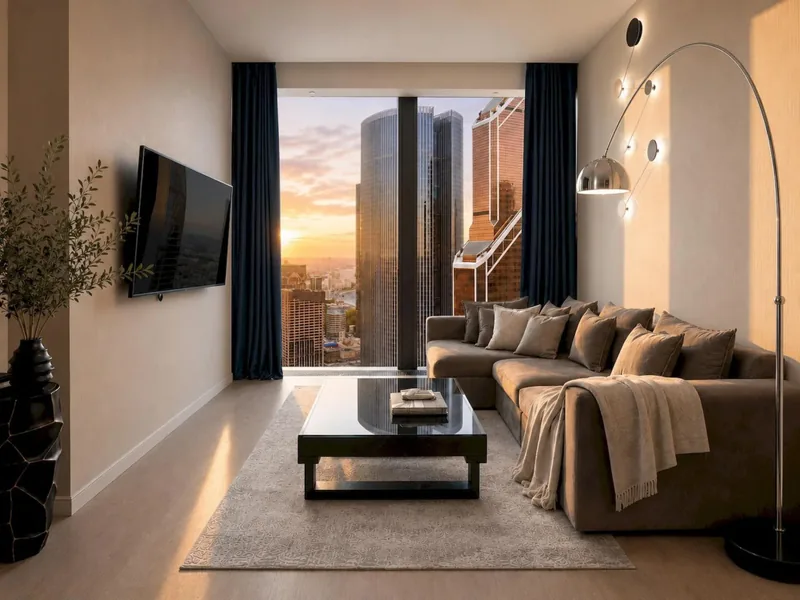 Фасад / вход «Москва Сити AV Sunset 2 комнаты 35 этаж с колонкой и подсветкой»